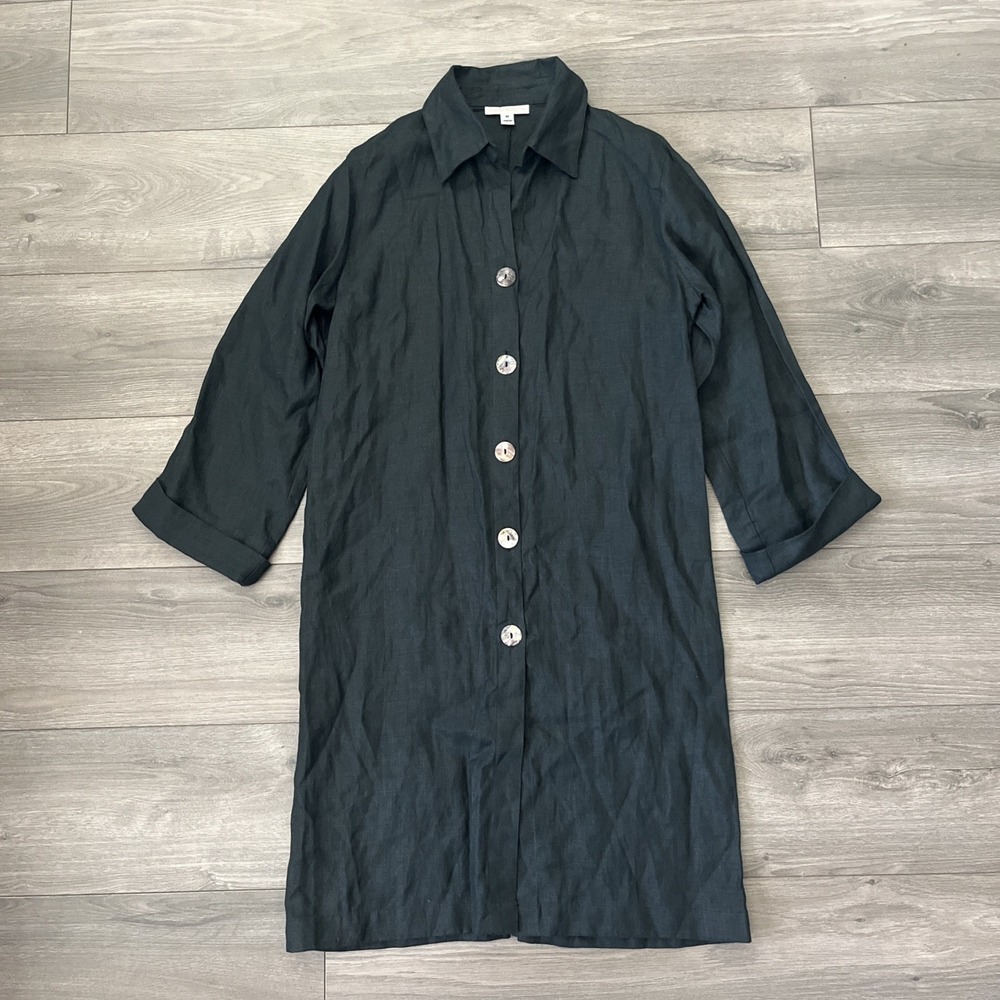 Courtney Washington Made In USA Womens M Linen Long Tunic Black Shirt Dress